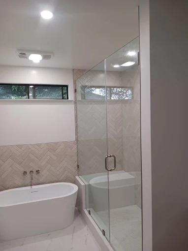 Frameless hinged shower door installed in Sunnyvale