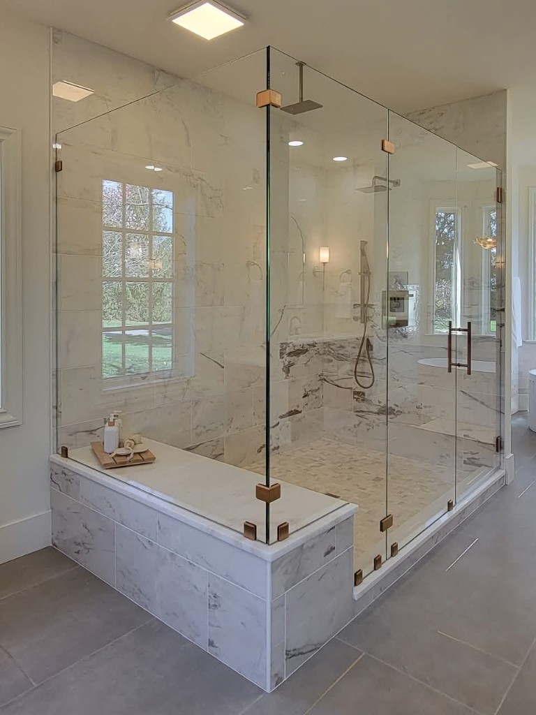 Interior view of frameless shower glass installation in Cupertino